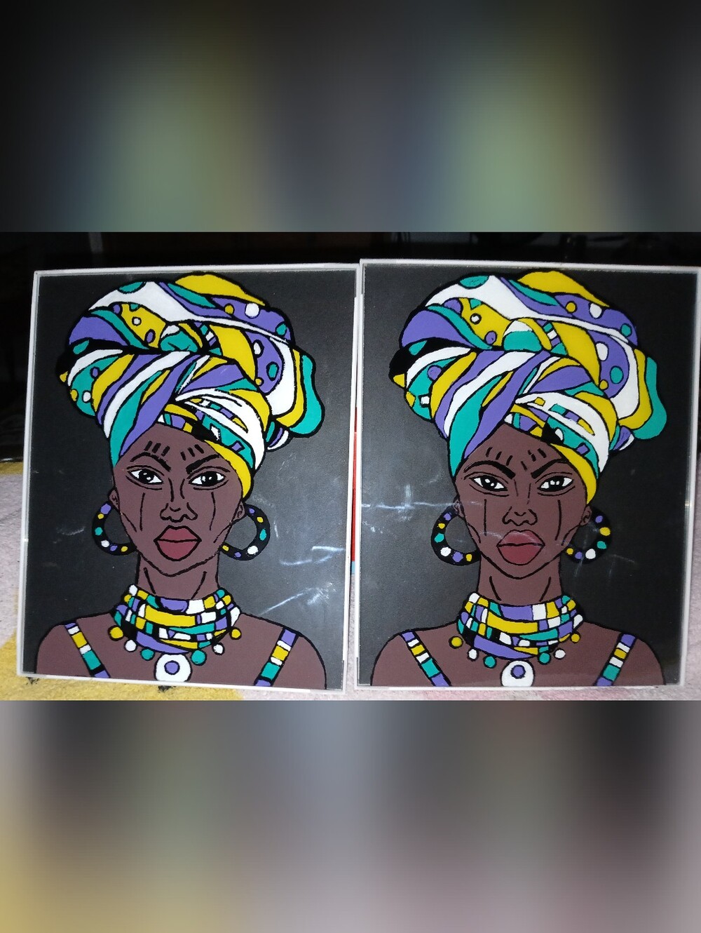 NWT Handcraftef Vibrant African Queen Art. 8x10 Frame. Turquoise, Yellow, Purple
